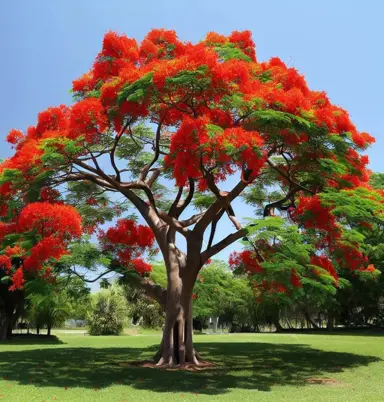 Delonix regia tree with red flowers in a park.